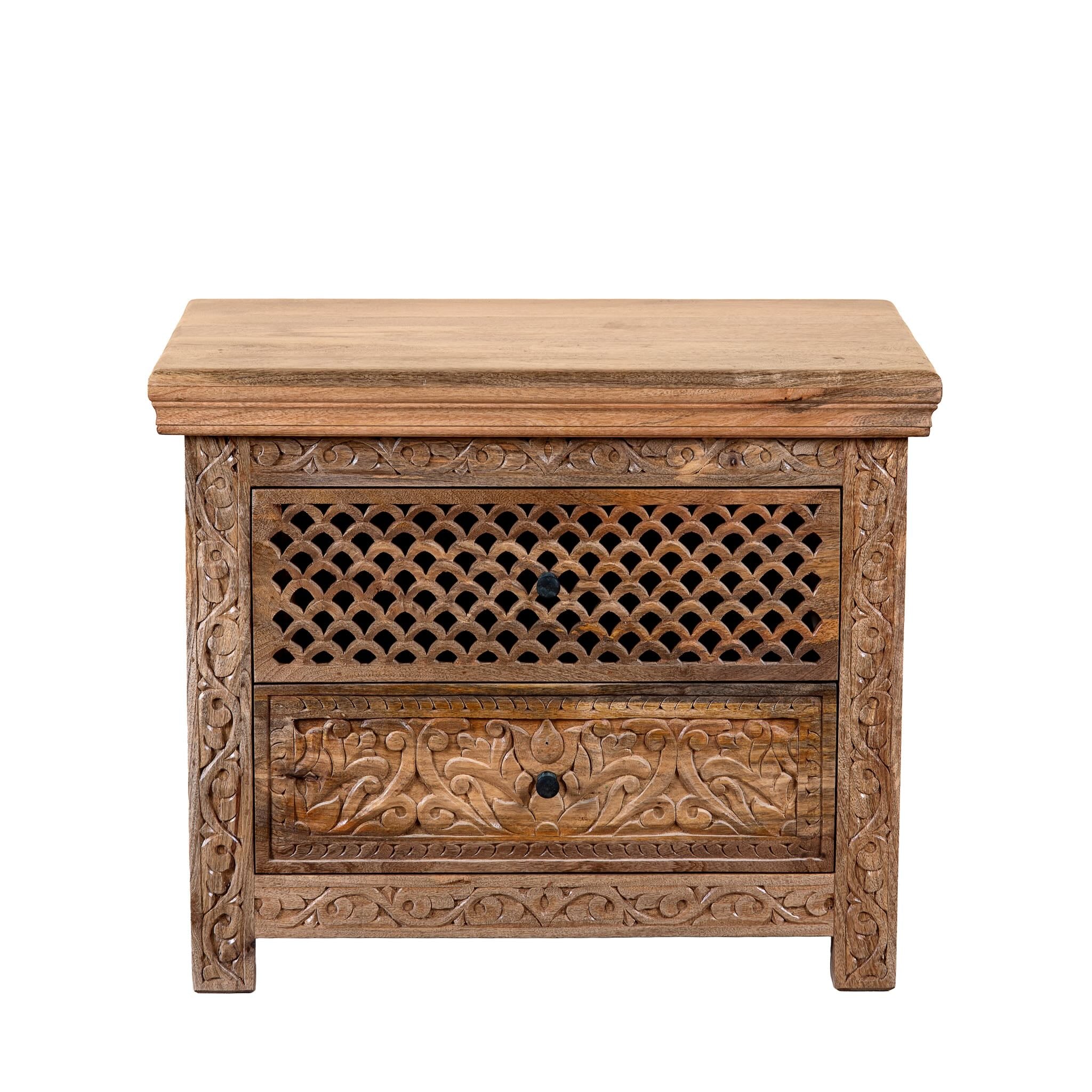 White background image of a hand carved mango wood nightstand with two drawers and hidden compartment in rustic artisan style.