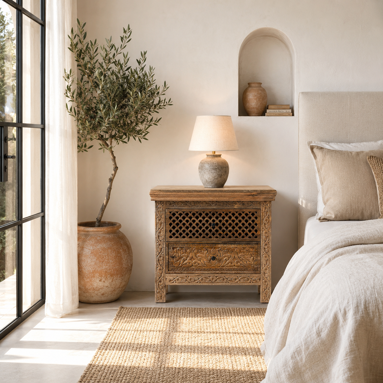 Lifestyle image of a hand carved mango wood nightstand with two drawers and hidden compartment in rustic artisan style.