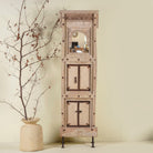 Unique Indian mirror stand Neha made from recycled teak wood with carved panels and iron base. A multifunctional boho wall decor piece combining storage and sustainable design.