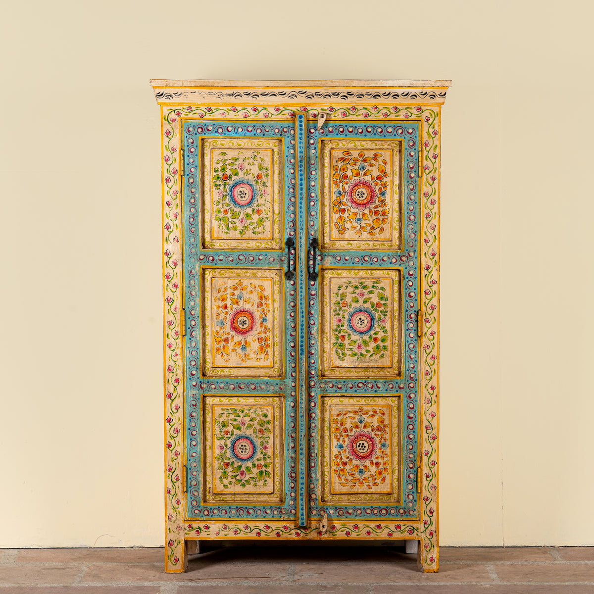 Nehrika hand painted reclaimed wood cabinet with colourful floral double doors and three storage compartments, 150cm