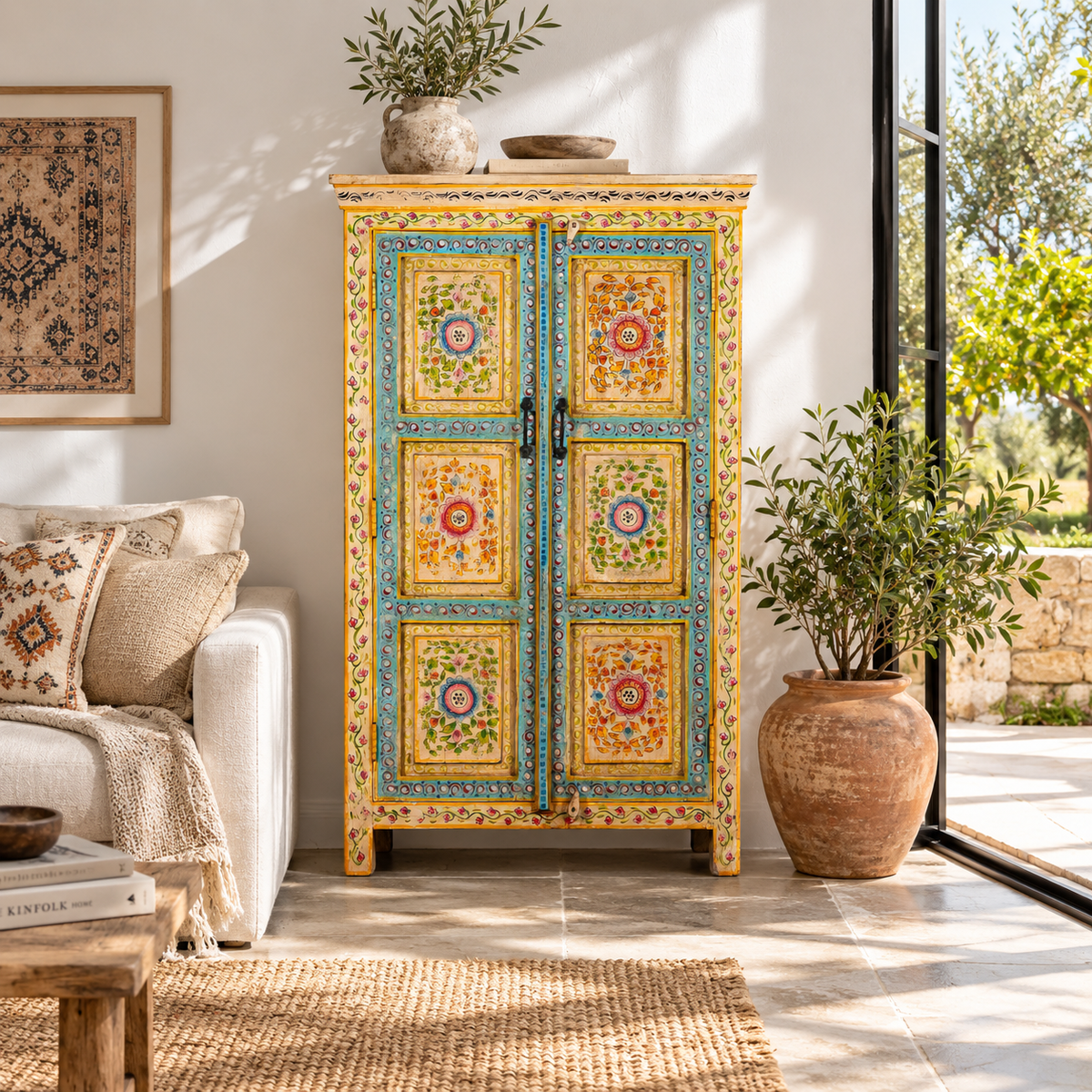 Lifestyle image of a Nehrika hand painted reclaimed wood cabinet with colourful floral double doors and three storage compartments, 150cm