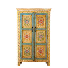 White background image of a Nehrika hand painted reclaimed wood cabinet with colourful floral double doors and three storage compartments, 150cm