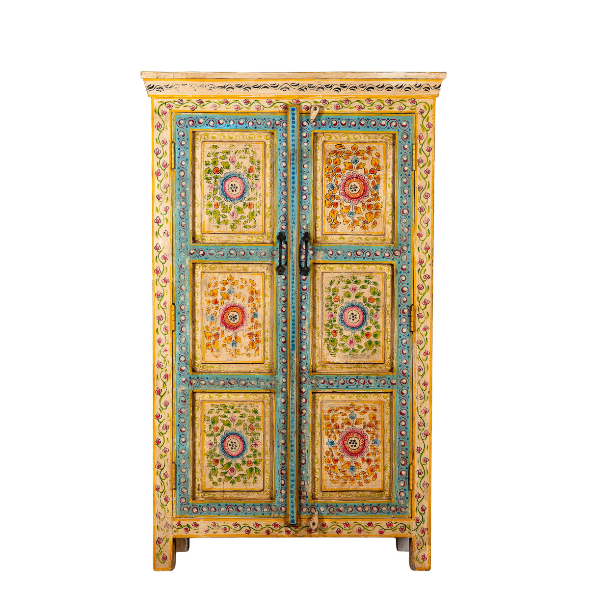 White background image of a Nehrika hand painted reclaimed wood cabinet with colourful floral double doors and three storage compartments, 150cm