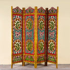 Hand carved and hand painted mango wood room divider with colourful floral Indian motifs and folding panels.