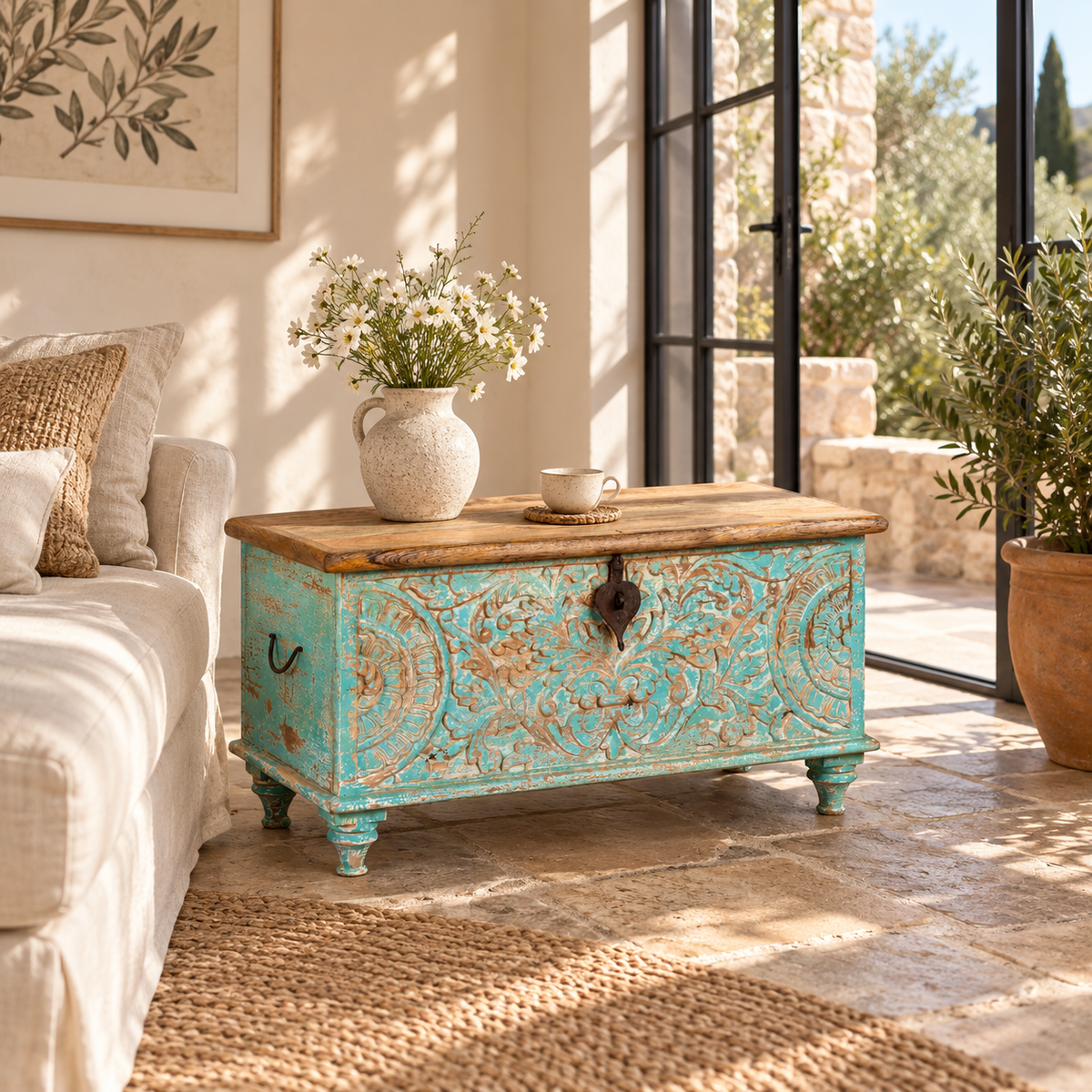 Lifestyle image of a Neysa hand carved mango wood chest coffee table with turquoise floral design, natural wood top and iron lock, 90cm wide