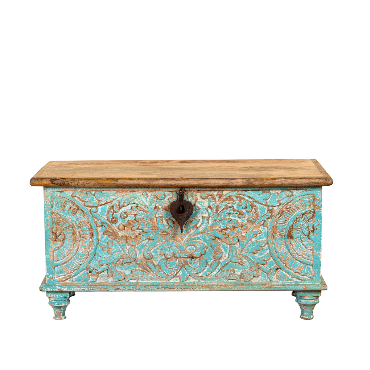 White background image of a Neysa hand carved mango wood chest coffee table with turquoise floral design, natural wood top and iron lock, 90cm wide
