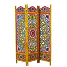 White background image of a hand carved and hand painted mango wood room divider with colourful floral Indian motifs and folding panels.
