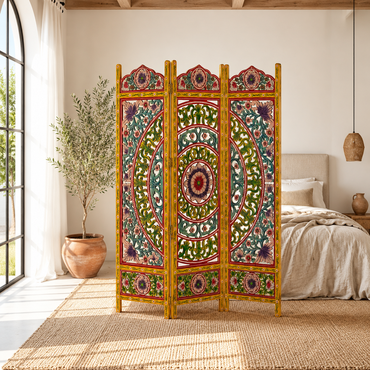 Lifestyle image of a hand carved and hand painted mango wood room divider with colourful floral Indian motifs and folding panels.