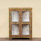 Nikhil hand painted reclaimed wood display cabinet with colourful floral design and four open display sections 120cm