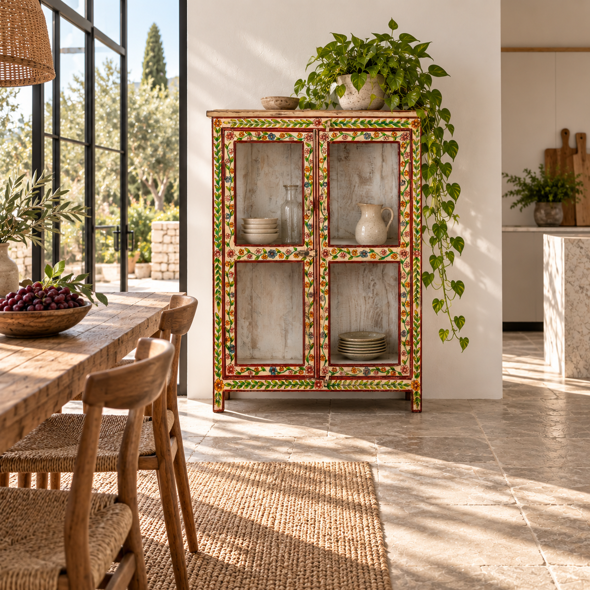 Lifestyle image of a Nikhil hand painted reclaimed wood display cabinet with colourful floral design and four open display sections 120cm