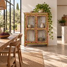Lifestyle image of a Nikhil hand painted reclaimed wood display cabinet with colourful floral design and four open display sections 120cm