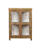 White background image of a Nikhil hand painted reclaimed wood display cabinet with colourful floral design and four open display sections 120cm