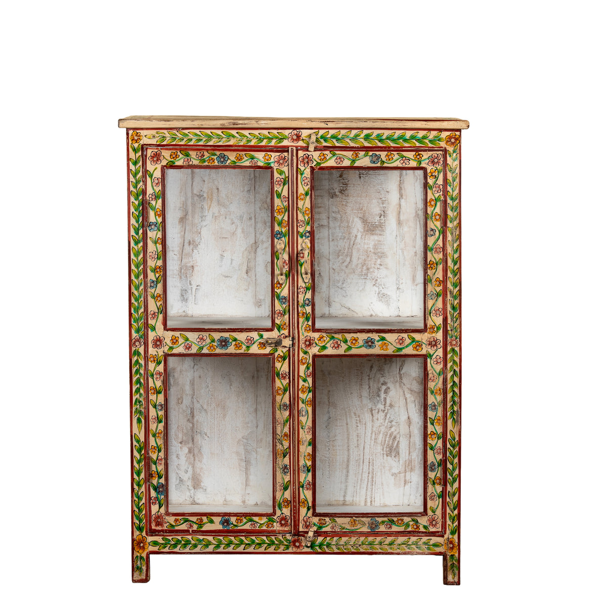 White background image of a Nikhil hand painted reclaimed wood display cabinet with colourful floral design and four open display sections 120cm