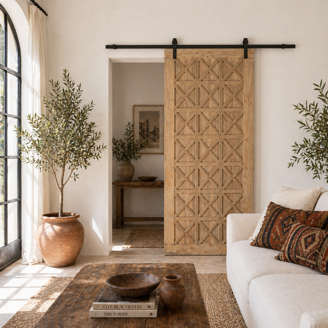 Lifestyle image of a vintage wall panel Nila, handcrafted reclaimed wood Indian door with geometric carvings, 100 × 5 × 220 cm.