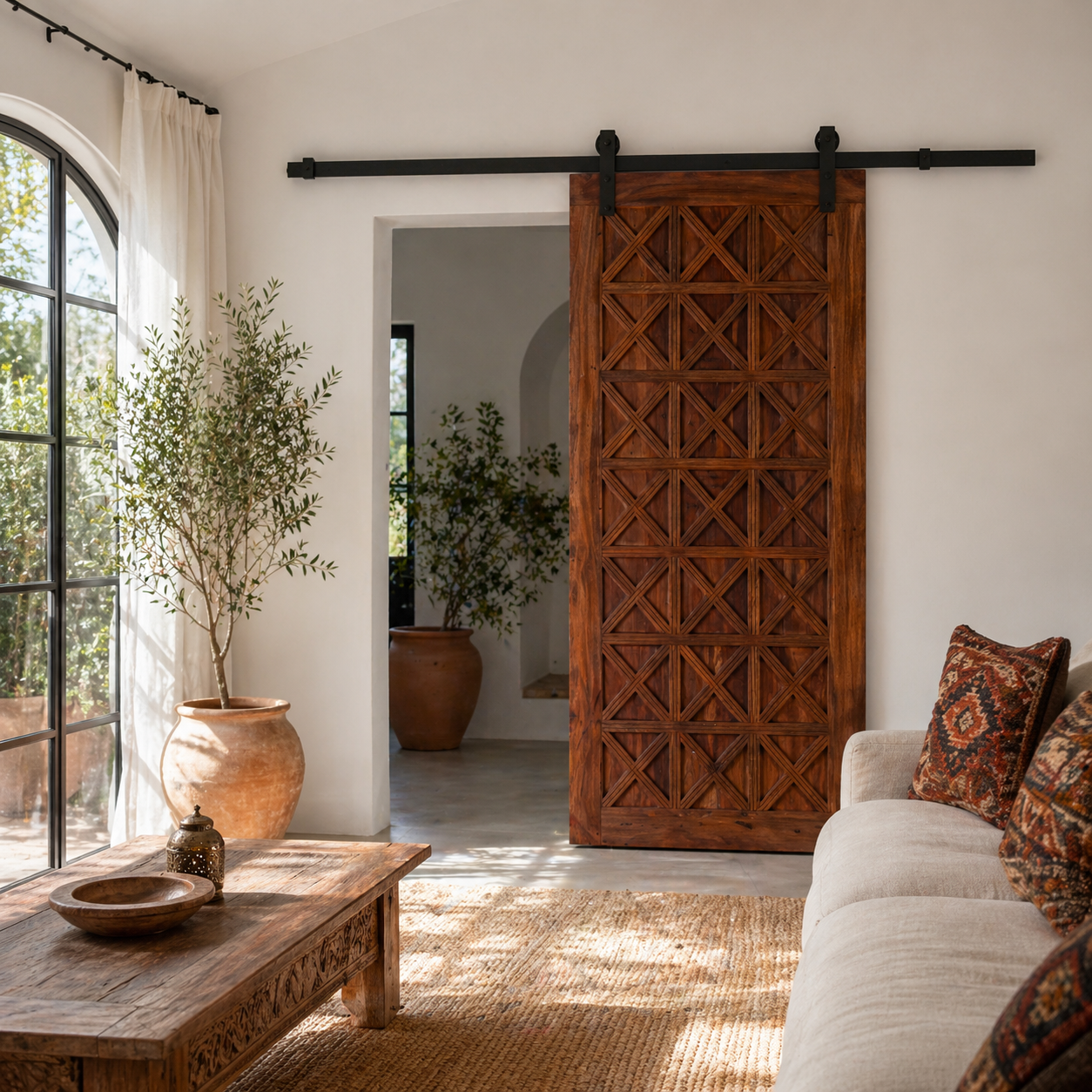 Lifestyle image of a vintage wall panel Nila teak, handcrafted reclaimed wood Indian door with geometric carvings, 100 × 5 × 220 cm.