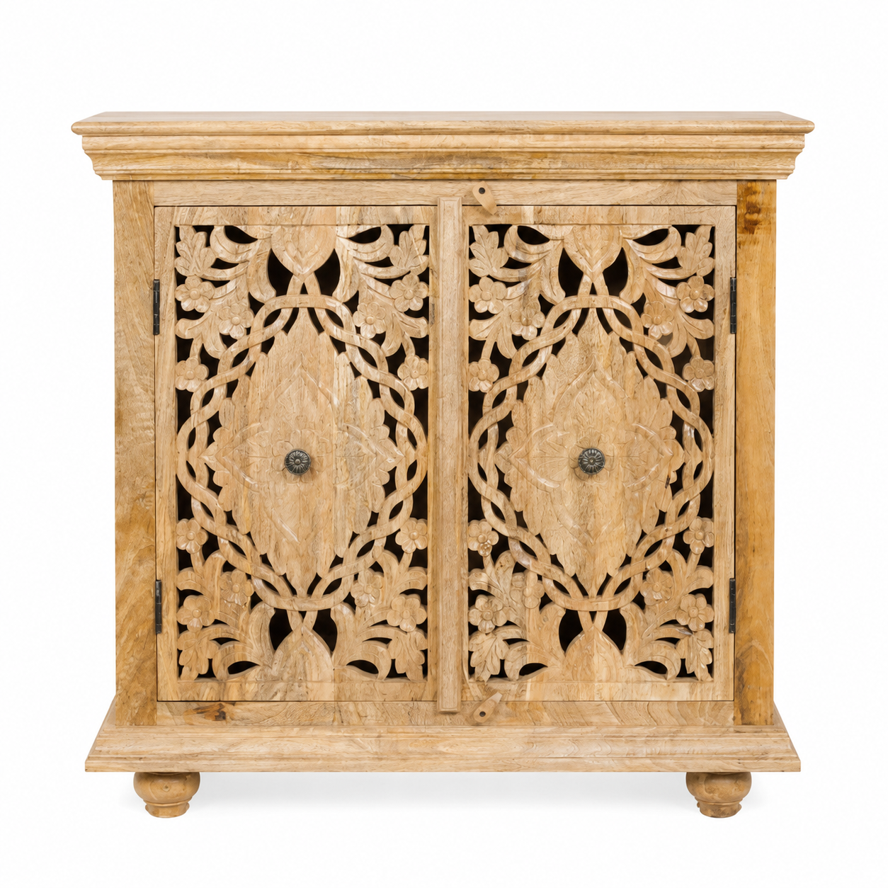 White background image of a Nilay hand carved mango wood cabinet with floral carved doors 90x90cm