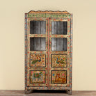 Nirav hand painted reclaimed teak display cabinet with floral, peacock, elephant and leopard motifs 190cm