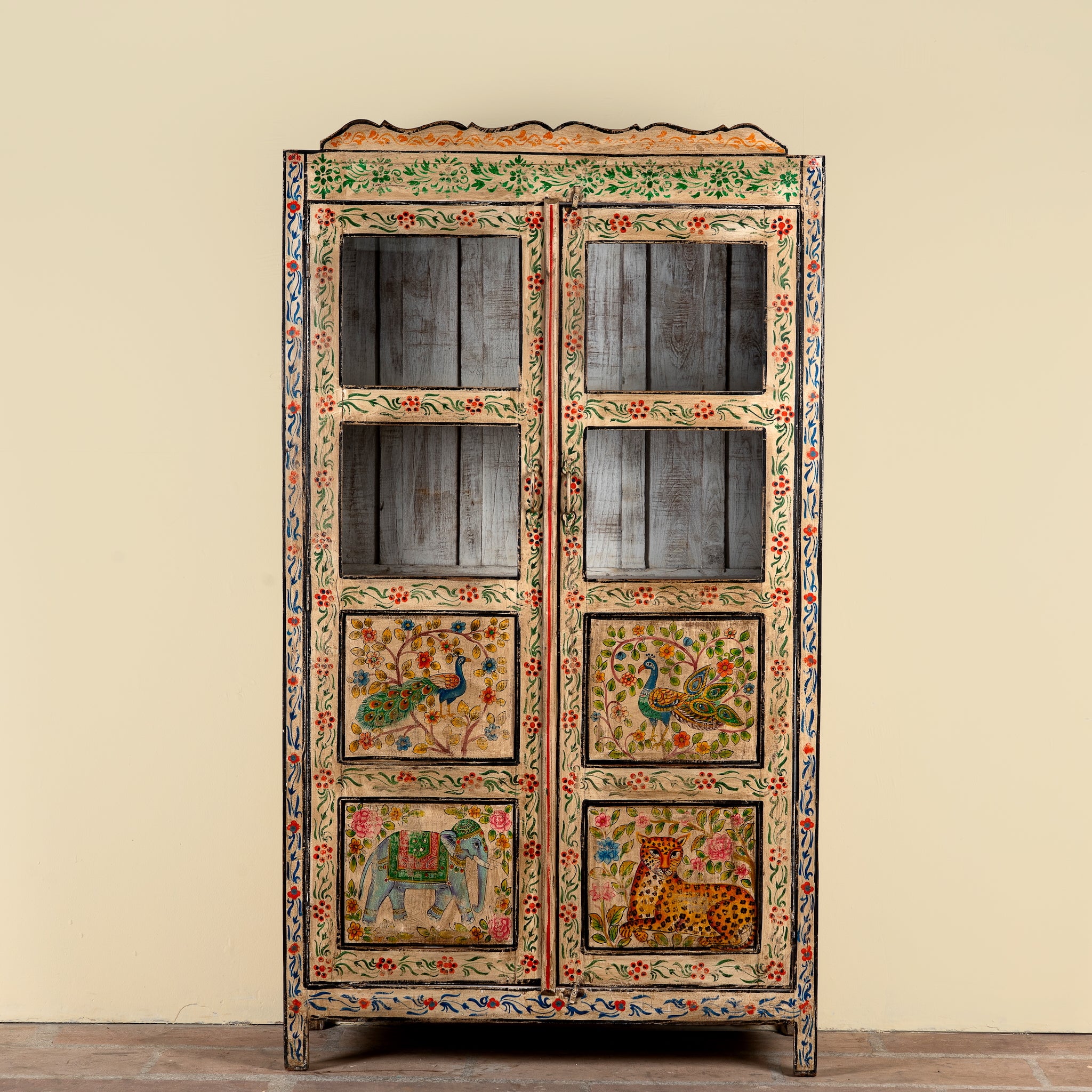 Nirav hand painted reclaimed teak display cabinet with floral, peacock, elephant and leopard motifs 190cm