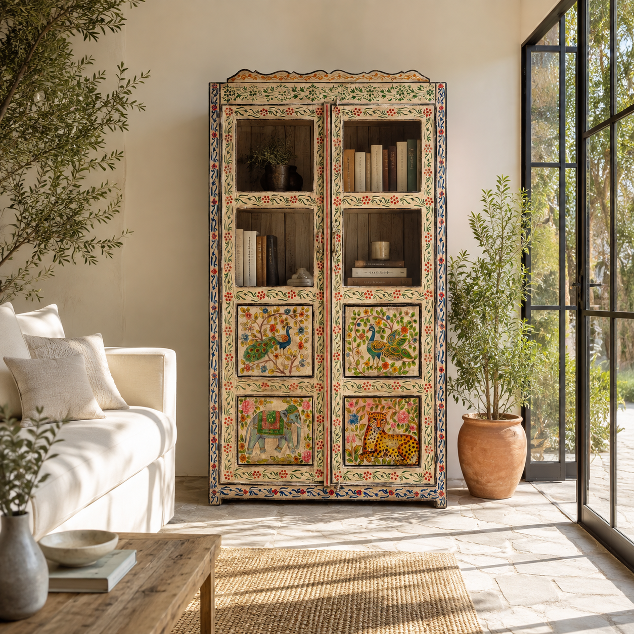 Lifestyle image of a Nirav hand painted reclaimed teak display cabinet with floral, peacock, elephant and leopard motifs 190cm