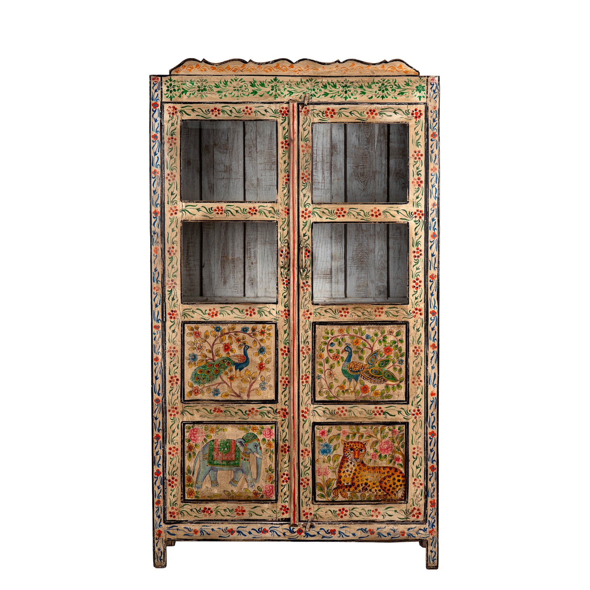 White background image of a Nirav hand painted reclaimed teak display cabinet with floral, peacock, elephant and leopard motifs 190cm