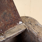 Close up image with open lid of a Nirmay antique Indian papier-mâché storage box with original iron-reinforced lid, 70cm