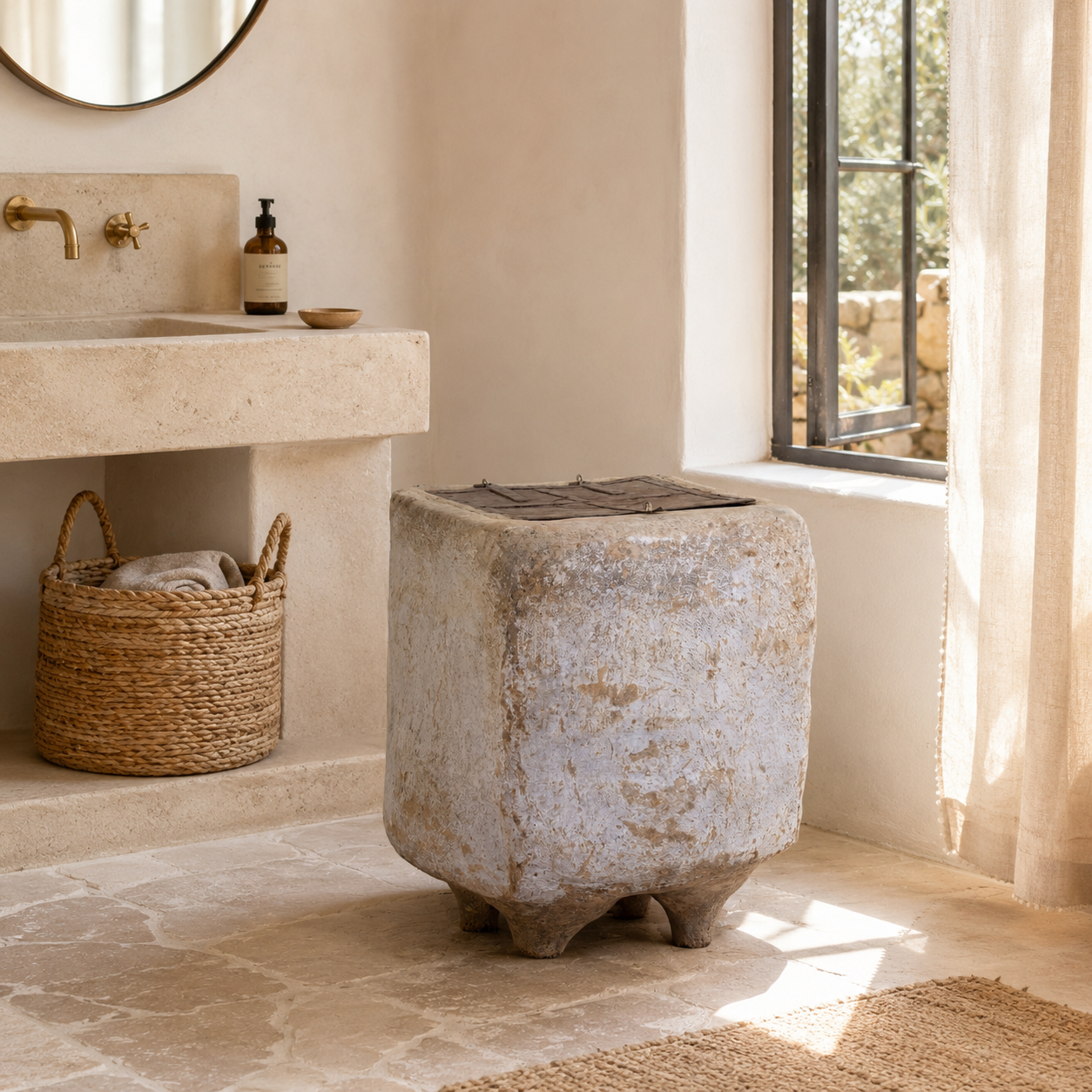 Lifestyle image of a Nirmay antique Indian papier-mâché storage box with original iron-reinforced lid, 70cm