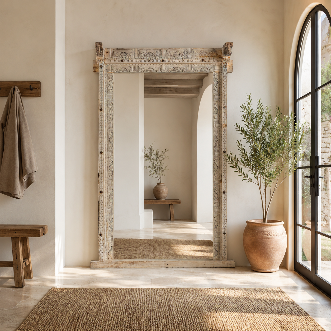 Lifestyle image of a Nirved reclaimed teak wood mirror crafted from an antique entrance door frame with bleached finish, 180x110cm