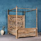 Image of the Nirvi Canopy bed frame, mattress size 180x200cm, hand carved Mango wood in bleached Ibiza design.