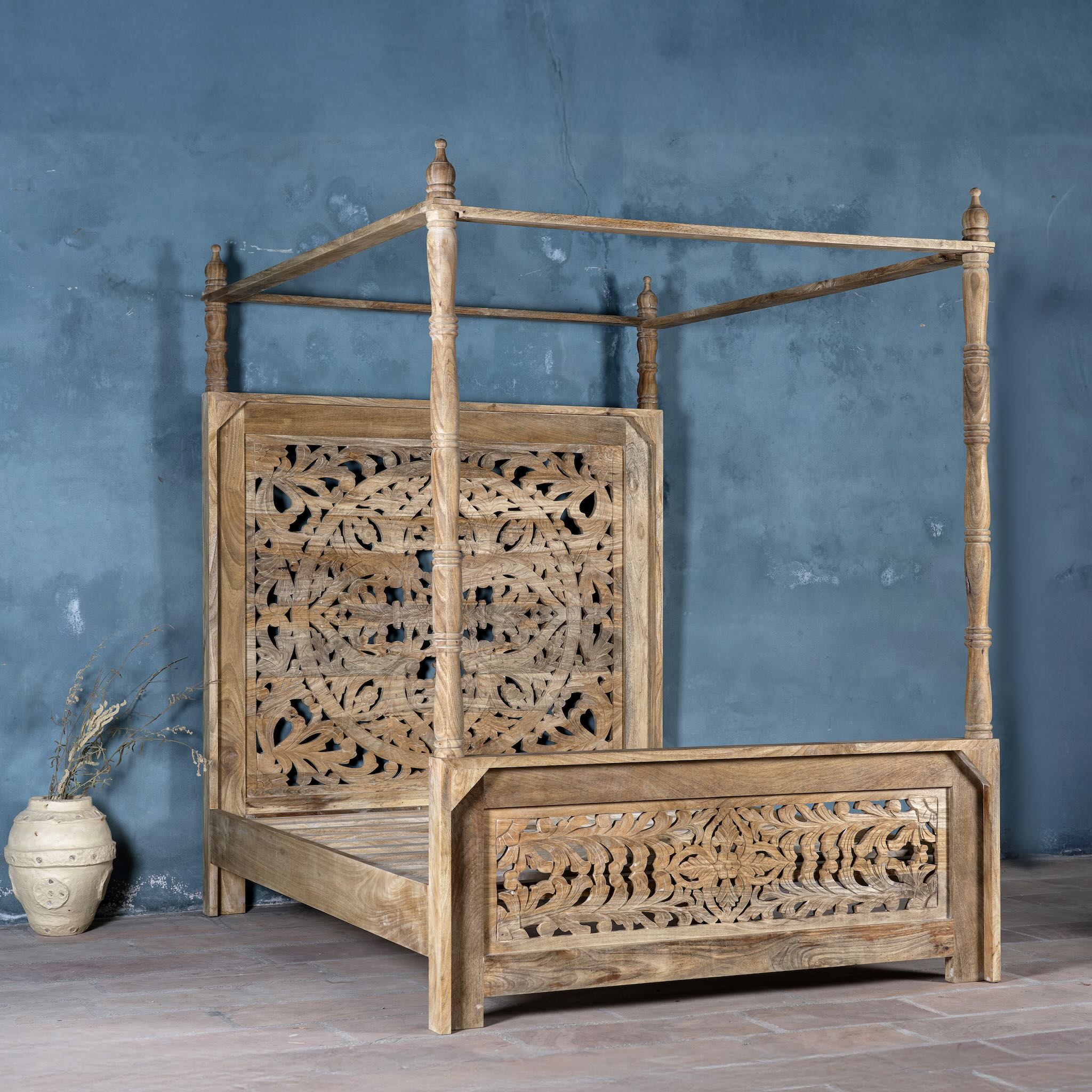 Image of the Nirvi Canopy bed frame, mattress size 180x200cm, hand carved Mango wood in bleached Ibiza design.