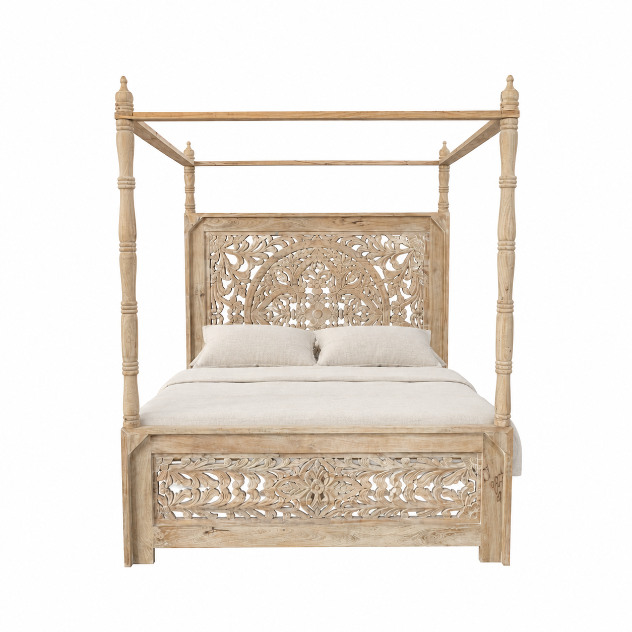 White background image of a wooden canopy bed Nirvi with carved headboard in a bedroom with a plant and open door