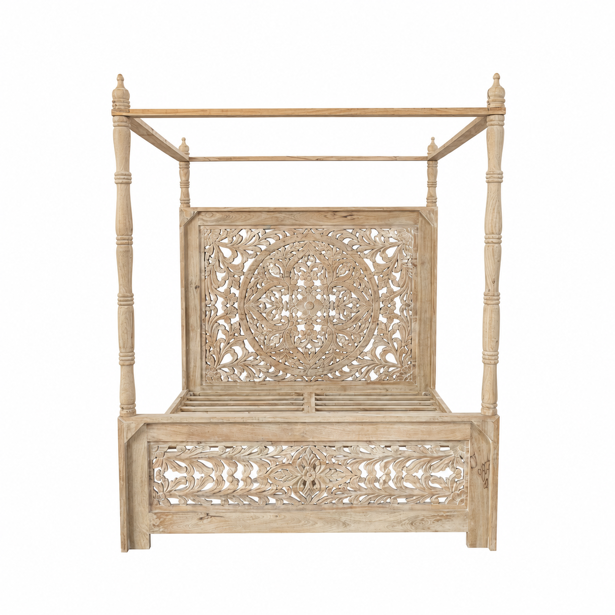 Image of a wooden canopy bed Nirvi with carved headboard in a bedroom with a plant and open door