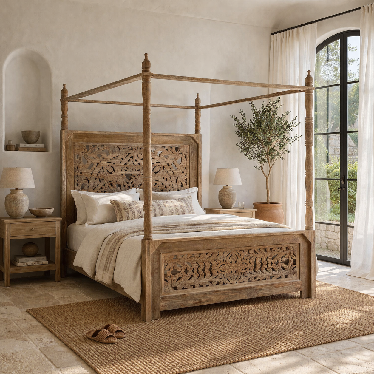 Lifestyle image of the Nirvi Canopy bed frame, mattress size 180x200cm, hand carved Mango wood in bleached Ibiza design.