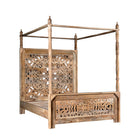 White background image of the Nirvi Canopy bed frame, mattress size 180x200cm, hand carved Mango wood in bleached Ibiza design.