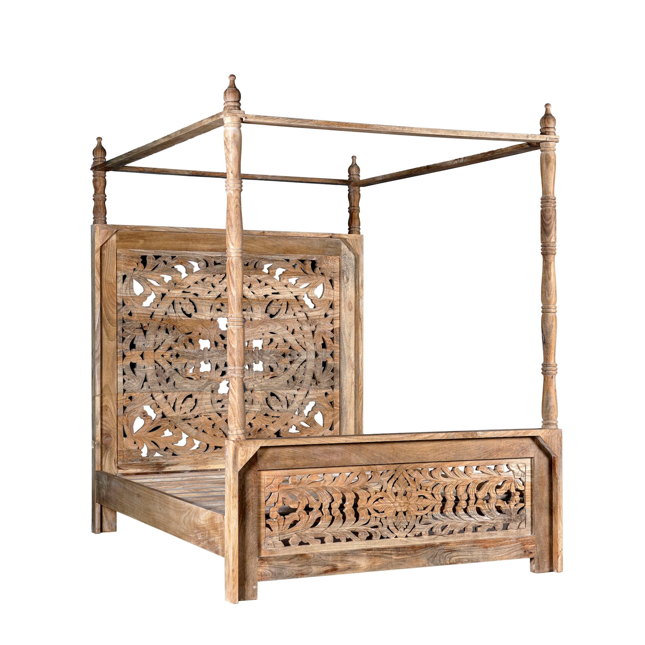 White background image of the Nirvi Canopy bed frame, mattress size 180x200cm, hand carved Mango wood in bleached Ibiza design.