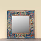 Nithya hand-painted reclaimed wood wall mirror featuring colourful peacocks, birds and floral Indian artwork, 90x90x5cm.