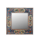 White background image of a Nithya hand-painted reclaimed wood wall mirror featuring colourful peacocks, birds and floral Indian artwork, 90x90x5cm.