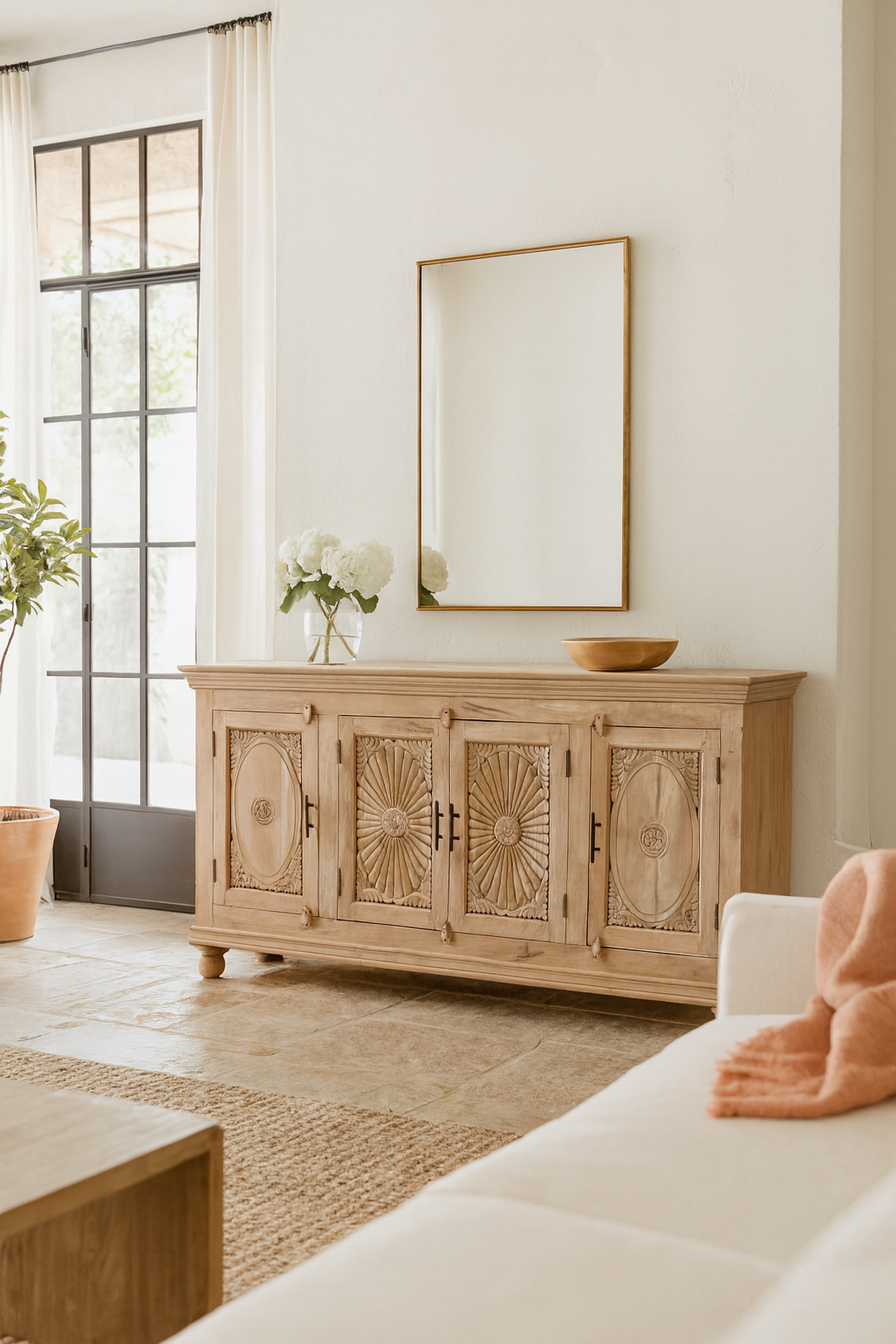 Lifestyle scene with a hand-carved mango wood sideboard with sandblasted finish – a rustic mango wood furniture piece ideal for Ibiza style interiors.