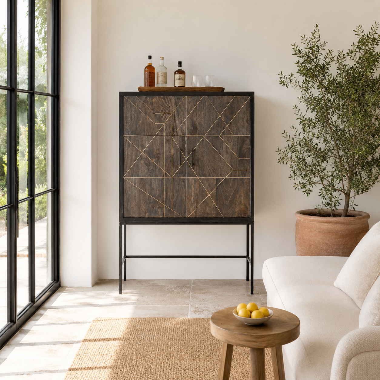 Lifestyle image of a black wooden cabinet with handcrafted copper inlays and nickel-plated metal base—an artisanal furniture piece with a refined minimalistic style.
