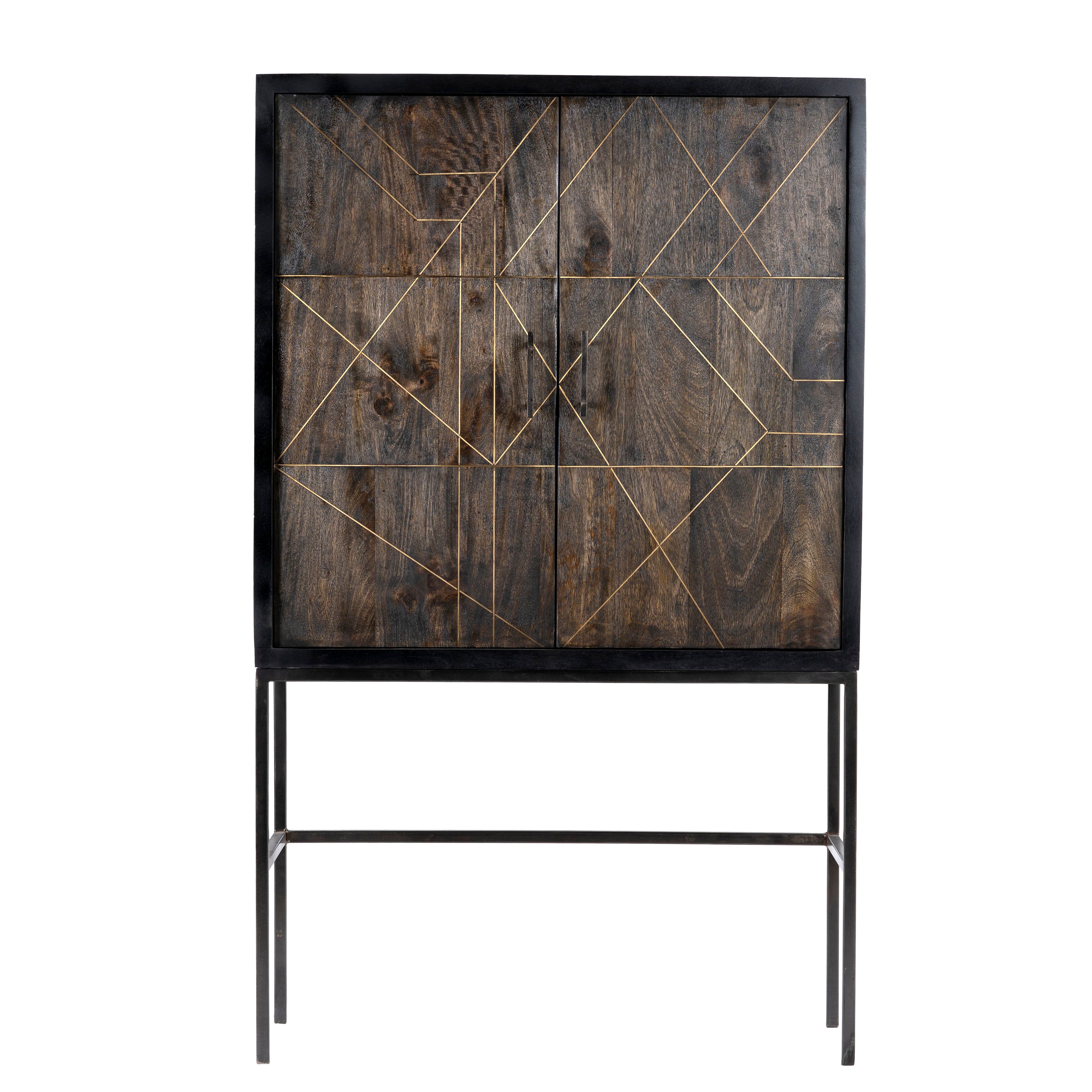 White background image of a black wooden cabinet with handcrafted copper inlays and nickel-plated metal base—an artisanal furniture piece with a refined minimalistic style.