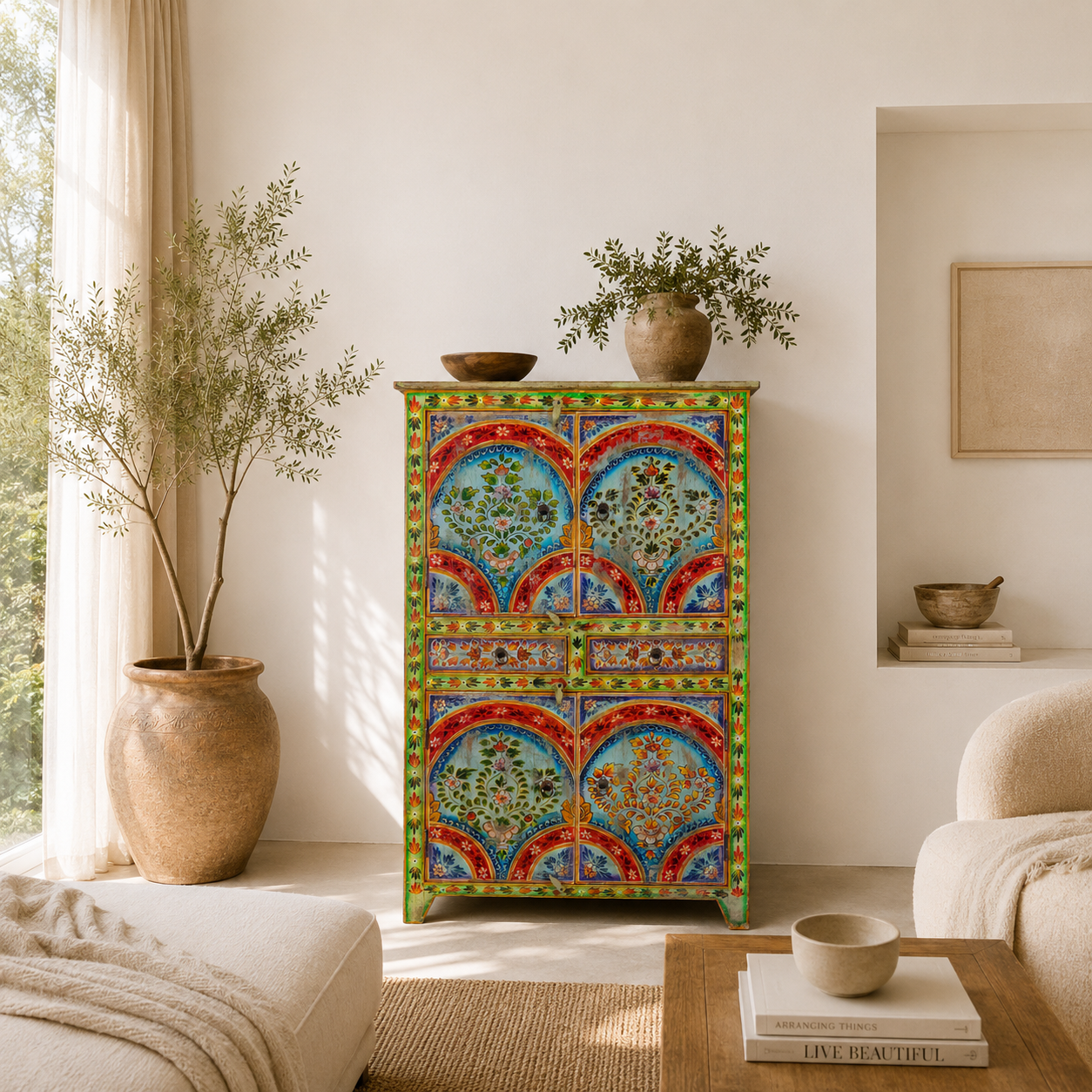 Lifestyle scene with a hand-painted cabinet made from reclaimed wood with colourful floral motifs – a sustainable furniture piece ideal for expressive Indian home decor.