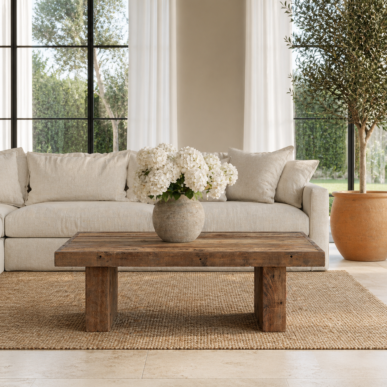 Lifestyle image of a rectangular rustic coffee table constructed from reclaimed wood, featuring a thick plank-style top and wide block legs, all with a naturally weathered finish that highlights the wood’s grain and imperfections.
