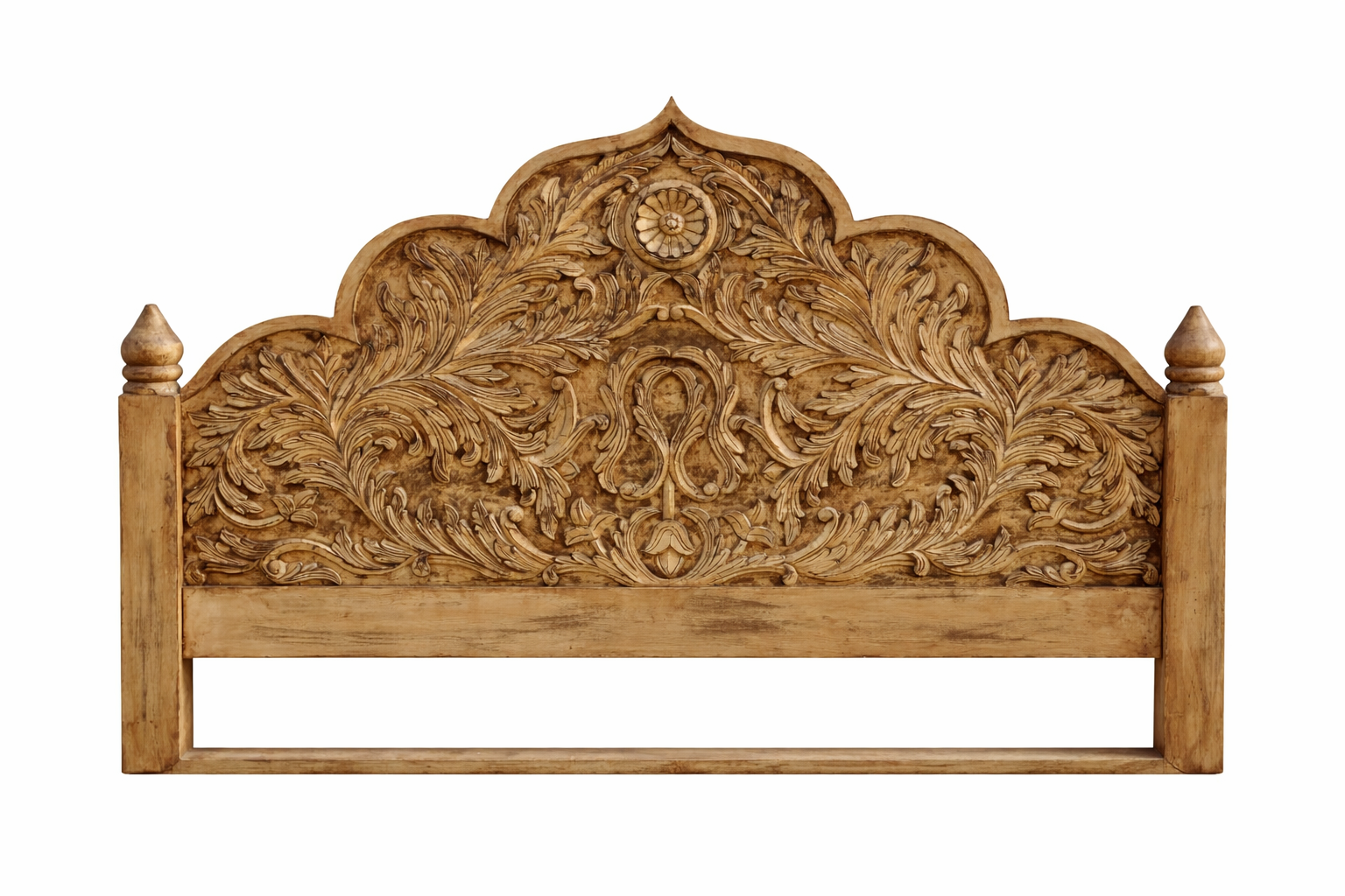 Close up image of a mango wood bed frame with hand carved headboard in vintage style.