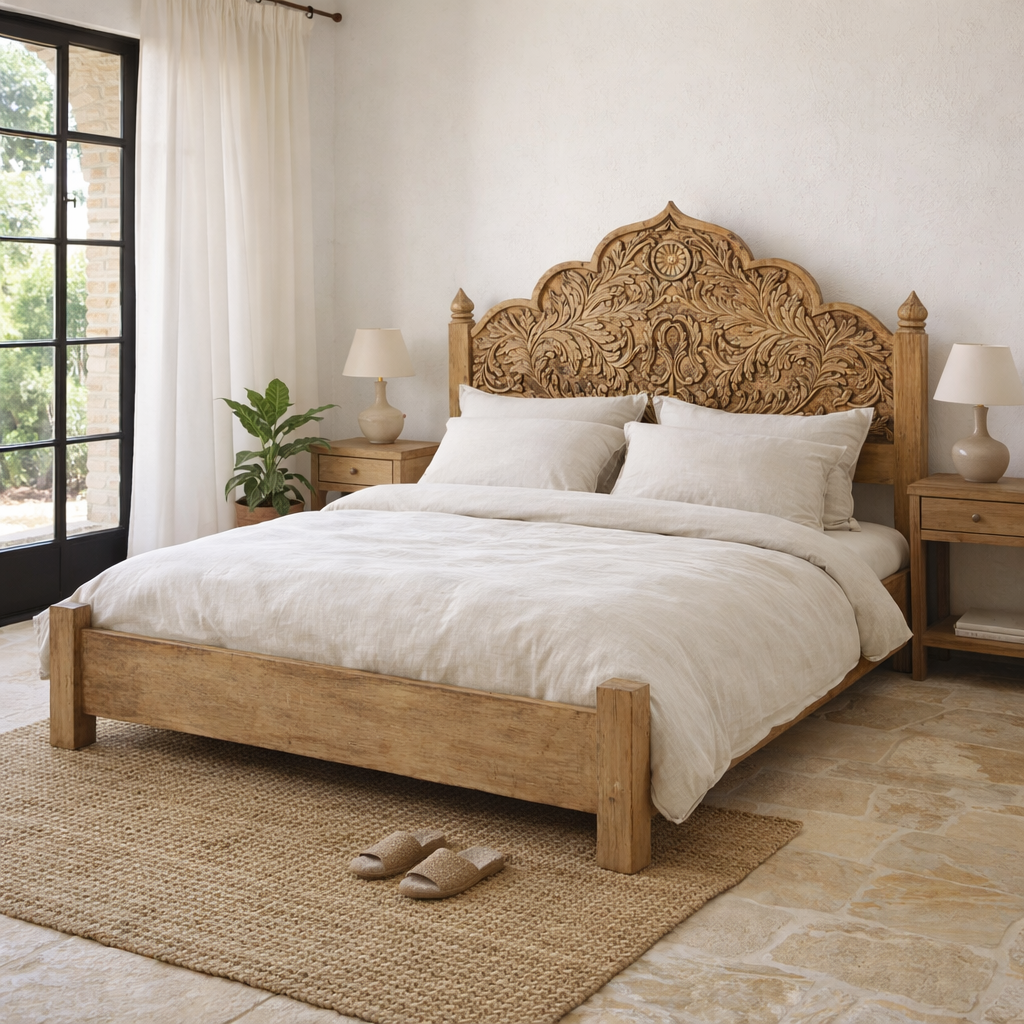 Lifestyle image of a mango wood bed frame with hand carved headboard in vintage style.