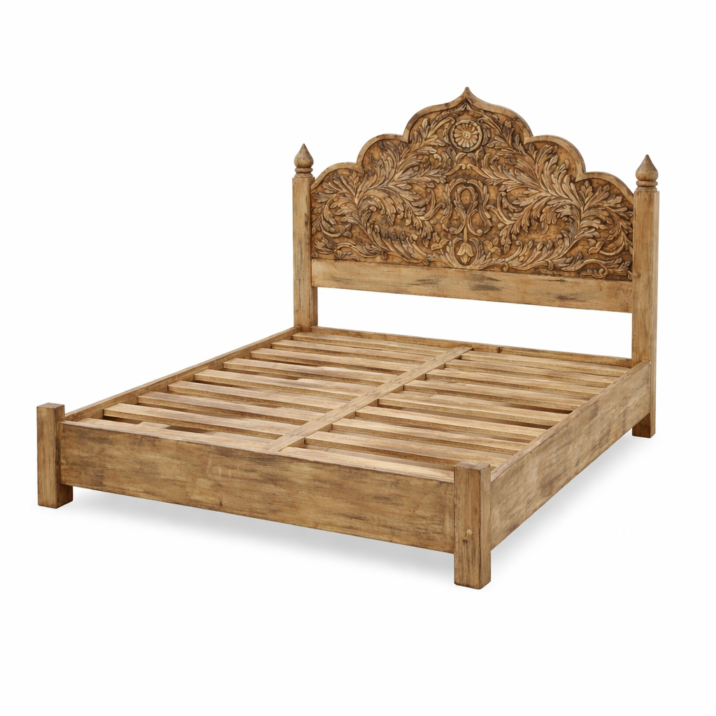 White backround image of a mango wood bed frame with hand carved headboard in vintage style.