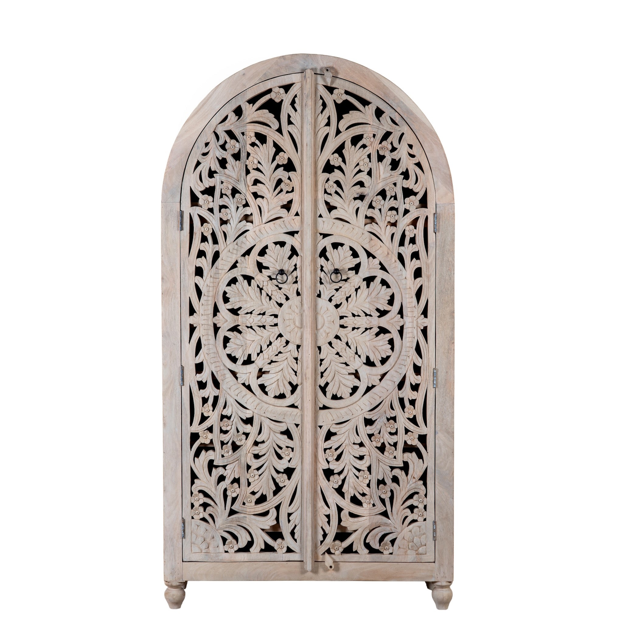White background image of a hand-carved mango wood wardrobe, a statement piece of bedroom furniture ideal for a bohemian interior.