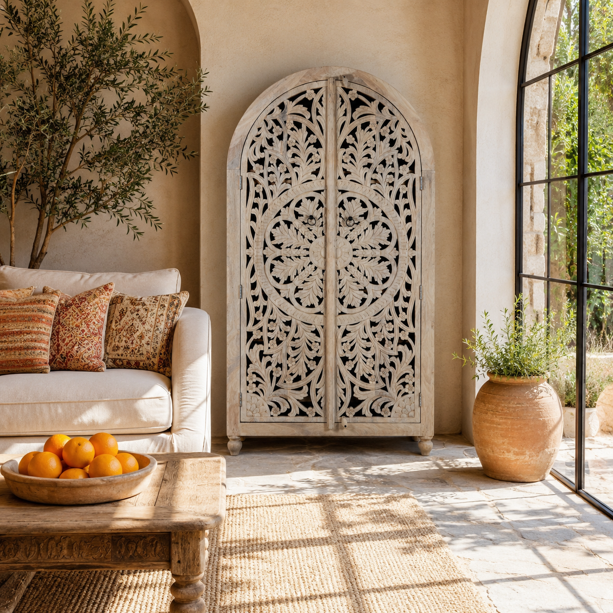 Lifestyle image of a hand-carved mango wood wardrobe, a statement piece of bedroom furniture ideal for a bohemian interior.