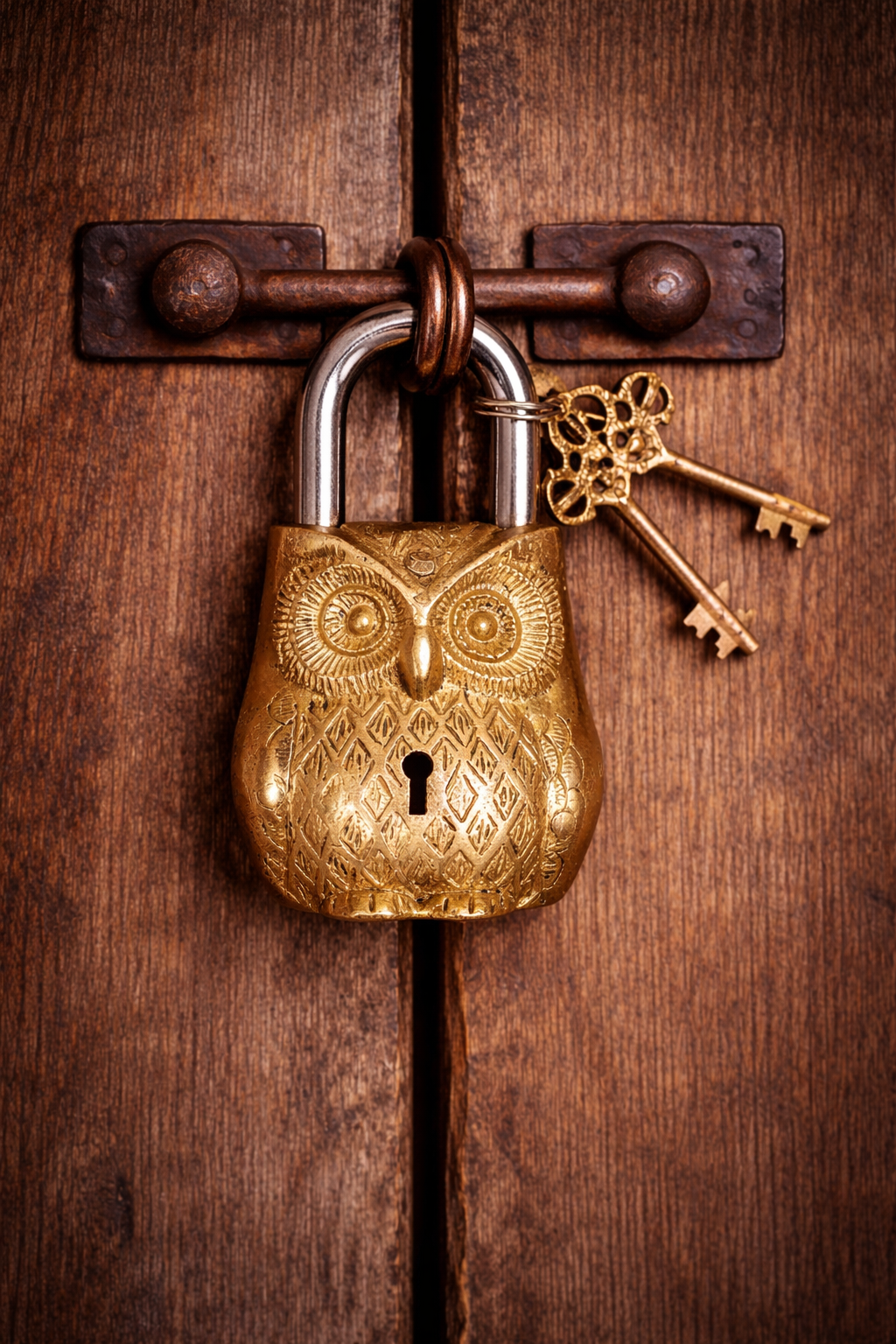 Gold owl-shaped padlock on a wooden door with a key.