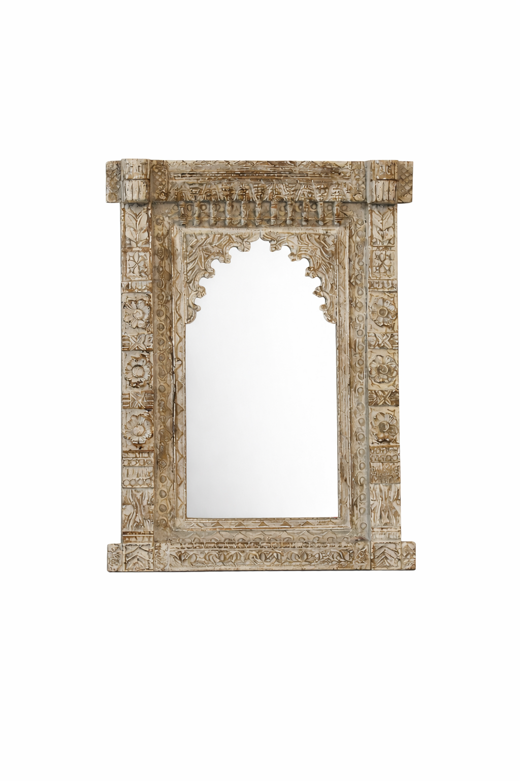 White background image of a hand‑carved mango wood mirror Persia with floral wooden frame. A bold piece of carved wooden mirror and unique wall decoration for vintage and bohemian interiors.