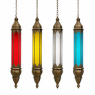 White background image of a Ovin oriental pendant light crafted from hand-punched metal and coloured Belgium glass, featuring a tall hexagonal lantern design with multicoloured glass panels and intricate decorative shadow patterns, 100cm.
