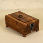 Handcrafted wooden jewellery box Palash with natural finish and foldable mirror. A vintage home accessory and unique Indian decoration ideal for storing jewellery or keepsakes in vintage home decor settings.